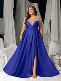 Plus Size Pearl Decoration Sheer Sleeves Satin Evening Gown - Formal Dress with Sash Waist