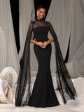 Elegant Sheer Sleeve Mermaid Gown with Rhinestone Capelet | Structured Bodice & Floor-Length Train