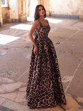 Leopard Print Sleeveless Maxi Dress with Square Neckline, Tie Back & Flowy Skirt | Vintage-Inspired Evening Gown for Party & Formal Occasions