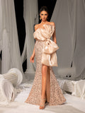 Elegant Strapless Sequined Evening Gown with High Slit & Bow – Mermaid Silhouette for Luxury Weddings or Red Carpet Events, XS-XL