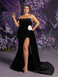 Plus Strapless Draped Side Split Mermaid Hem Velvet Evening Dress