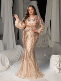 Plus Gorgeous Lantern Sleeves Mermaid Hem Graphic Sequin Evening Dress
