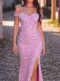 Off Shoulder Sweetheart Neck High Slit Sequin Party Dress