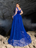 Plus Gorgeous Sequin Mermaid Evening Gown - Illusion Neckline Formal Dress with Long Lace Sleeves & Train