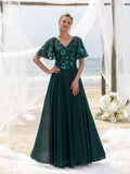 Womens' Elegant Mother-of-the-Bride Gown: Floral Sequin-Embellished Bodice & Chiffon Skirt – V Neckline & Flutter Sleeves for Coastal Weddings