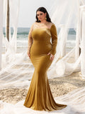 Plus Elegant Asymmetrical Neck Contrast Sequin Mermaid Hem Velvet Evening Dress