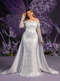 Plus Gorgeous Off Shoulder Sheer Sleeves Mermaid Hem Sequin Wedding Dress with Satin Train