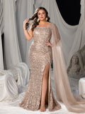 Plus Sequin One-Shoulder Mermaid Gown with Square Neckline and Tulle Shawl