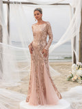 Womens' Mesh Insert Mermaid Hem Sequin Formal Dress