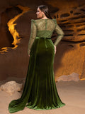 Plus Luxury Formal Gown with Sequin Bodice, Puffed Sleeves, Velvet High-Slit Skirt