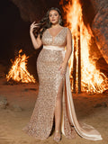Plus Elegant Sequin Gown with High Slit & Draped Train – Luxury Evening Wear for Red Carpet, Gala Dinners & Luxury Weddings, 1XL-3XL