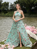 Elegant Cascading Ruffle Floral Tulle Halter Neck Split Prom Dress