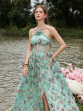 Elegant Cascading Ruffle Floral Tulle Halter Neck Split Prom Dress