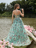 Elegant Cascading Ruffle Floral Tulle Halter Neck Split Prom Dress