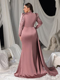 Plus High-Neck Long-Sleeve Beaded Mermaid Gown with High Slit & Floor-Length Train