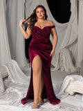 Plus Off-Shoulder Mermaid Gown with Sequined Velvet, High Slit & Floor-Length Train
