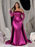 Plus Satin Off Shoulder Mermaid Evening Dress with Pearl Accents