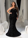 Plus Sequin Evening Gown with Lace Sleeve & Mermaid Silhouette – Glamorous Evening Wear for Weddings or High-End Events, 1XL-5XL