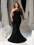 Plus Sequin Evening Gown with Lace Sleeve & Mermaid Silhouette – Glamorous Evening Wear for Weddings or High-End Events, 1XL-5XL