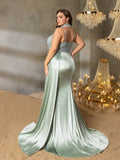 Plus Beaded Sweetheart Mermaid Gown | Spaghetti Straps with Side Slit & Cascading Train