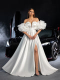 Gorgeous Off Shoulder Puff Sleeves Split Satin A-line Wedding Dress