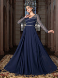 Elegant Chiffon V-Neck Evening Gown with Silver Sequined Translucent Sleeves & Floor-Length Skirt