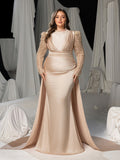 Plus Luxury Sequin Sleeves Mock Neck Ruched Front Mermaid Hem Formal Dress