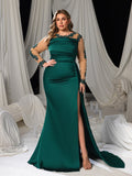 Plus Evening Gown with Lace Accents & High Slit – Silk Satin Bodycon Dress for Luxury Evenings, 1XL-3XL