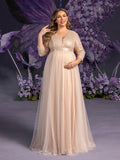 Plus Maternity Plunging Neck 3/4 Sleeves Sequin Formal Party Dress