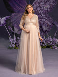 Plus Maternity Plunging Neck 3/4 Sleeves Sequin Formal Party Dress