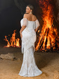 Plus Off-Shoulder Fringe Embellished Gown | Corset Mermaid Dress with Sheer Panel Detailing