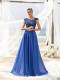 Womens' Elegant Evening Gown: Embroidered Lace Bodice & Flowing Chiffon Skirt – Diagonal Neckline & Cap Sleeves Formal Dress