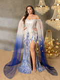 Plus Graphic Sequin Evening Gown with Translucent Sleeves and High Slit – Mermaid Silhouette for Luxury Weddings or Galas, 1XL-3XL
