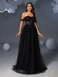 Elegant Off Shoulder Lace Bodice Contrast Tulle Hem Wedding Dress