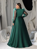 Plus Satin A-line Evening Gown with V-Neck, Tulle Puff Sleeves and High Slit