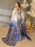 Plus Graphic Sequin Evening Gown with Translucent Sleeves and High Slit – Mermaid Silhouette for Luxury Weddings or Galas, 1XL-3XL