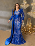 Plus Sequin Embroidered V-Neck Mermaid Gown | Long Sleeve with Wide Belt & Sweep Train