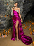 Elegant One-Shoulder Satin Mermaid Gown with Sheer Tulle Beads, Rhinestones & High Slit