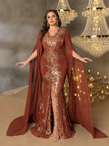 Plus Gorgeous Sequin Embroidery Evening Gown - V-Neck Mermaid Dress with Cape Sleeves & High Slit