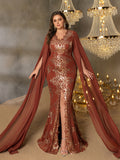 Plus Gorgeous Sequin Embroidery Evening Gown - V-Neck Mermaid Dress with Cape Sleeves & High Slit