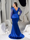 Plus Deep V-Neck Satin Mermaid Gown with Sheer Tulle Sleeves, Sparkling Embellishments & High Slit