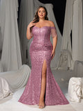 Plus Elegant Off-Shoulder Sequin Evening Gown - Beaded Fringe Mermaid Dress with Thigh Slit