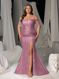 Plus Elegant Off-Shoulder Sequin Evening Gown - Beaded Fringe Mermaid Dress with Thigh Slit