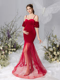 Maternity Puff Sleeve Mermaid Hem Velvet Cami Dress