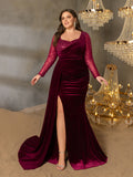 Plus Elegant Sweetheart Neck Contrast Sequin Mermaid Hem Velvet Evening Dress