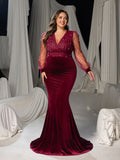 Plus Size V-Neck Puff Sleeves Velvet Mermaid Formal Dress with Pearl Accents