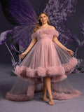 Plus Maternity Off Shoulder High Low Hem Ruffle Trim Tulle Photography Dress
