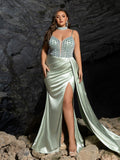 Plus Beaded Sweetheart Mermaid Gown | Spaghetti Straps with Side Slit & Cascading Train