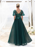 Womens' Elegant Mother-of-the-Bride Gown: Floral Sequin-Embellished Bodice & Chiffon Skirt – V Neckline & Flutter Sleeves for Coastal Weddings
