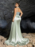 Plus Beaded Sweetheart Mermaid Gown | Spaghetti Straps with Side Slit & Cascading Train